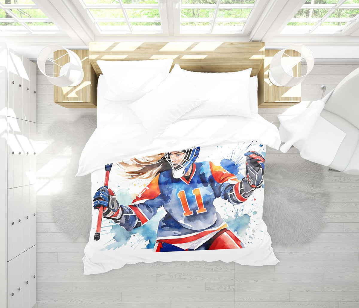 Girl lacrosse athlete comforter with watercolor illustration, colorful sports bedding for lacrosse player room