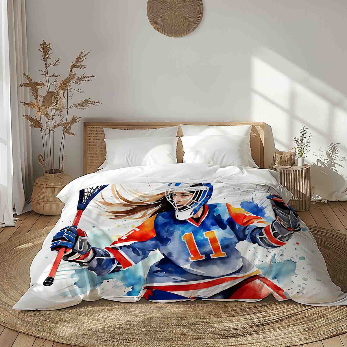 Girl lacrosse goalie comforter in twin and queen size, watercolor sports bedding top view for athlete room