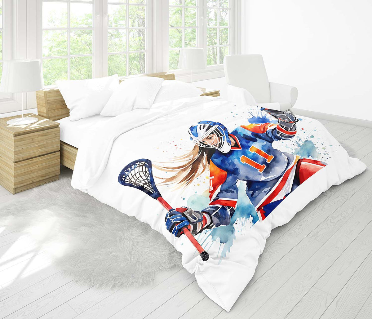 Girl lacrosse goalie comforter with watercolor sports art, athlete bedding for lacrosse bedroom decor