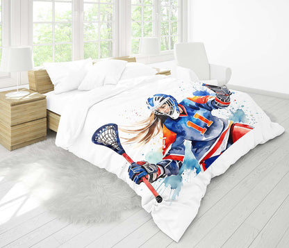 Girl lacrosse goalie comforter with watercolor sports art, athlete bedding for lacrosse bedroom decor