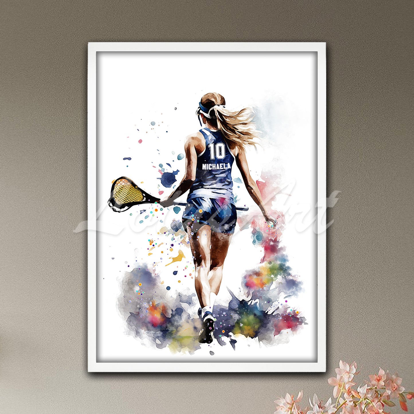 Personalized sports art print depicting a girl lacrosse player – watercolor painting with custom name and jersey number.