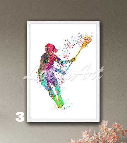 Sports art print depicting a girl lacrosse player – watercolor painting in rainbow colors.