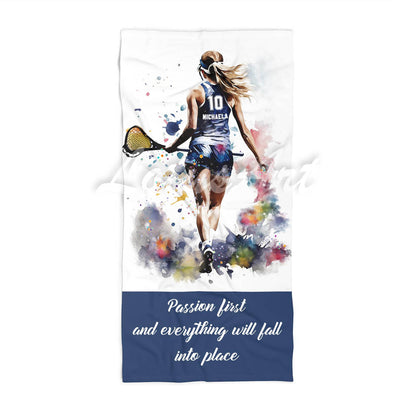 Girl lacrosse quote sports beach towel personalized custom name number, blue white watercolor art front view