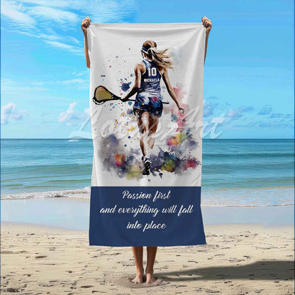 Girl lacrosse quote sports beach towel personalized custom name number, blue white watercolor art lifestyle beach