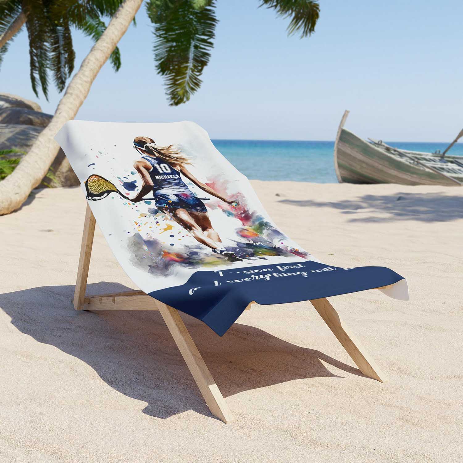 Girl lacrosse quote sports beach towel personalized custom name number, blue white watercolor art lifestyle lounge