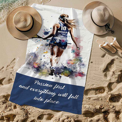 Girl lacrosse quote sports beach towel personalized custom name number, blue white watercolor art lifestyle sand