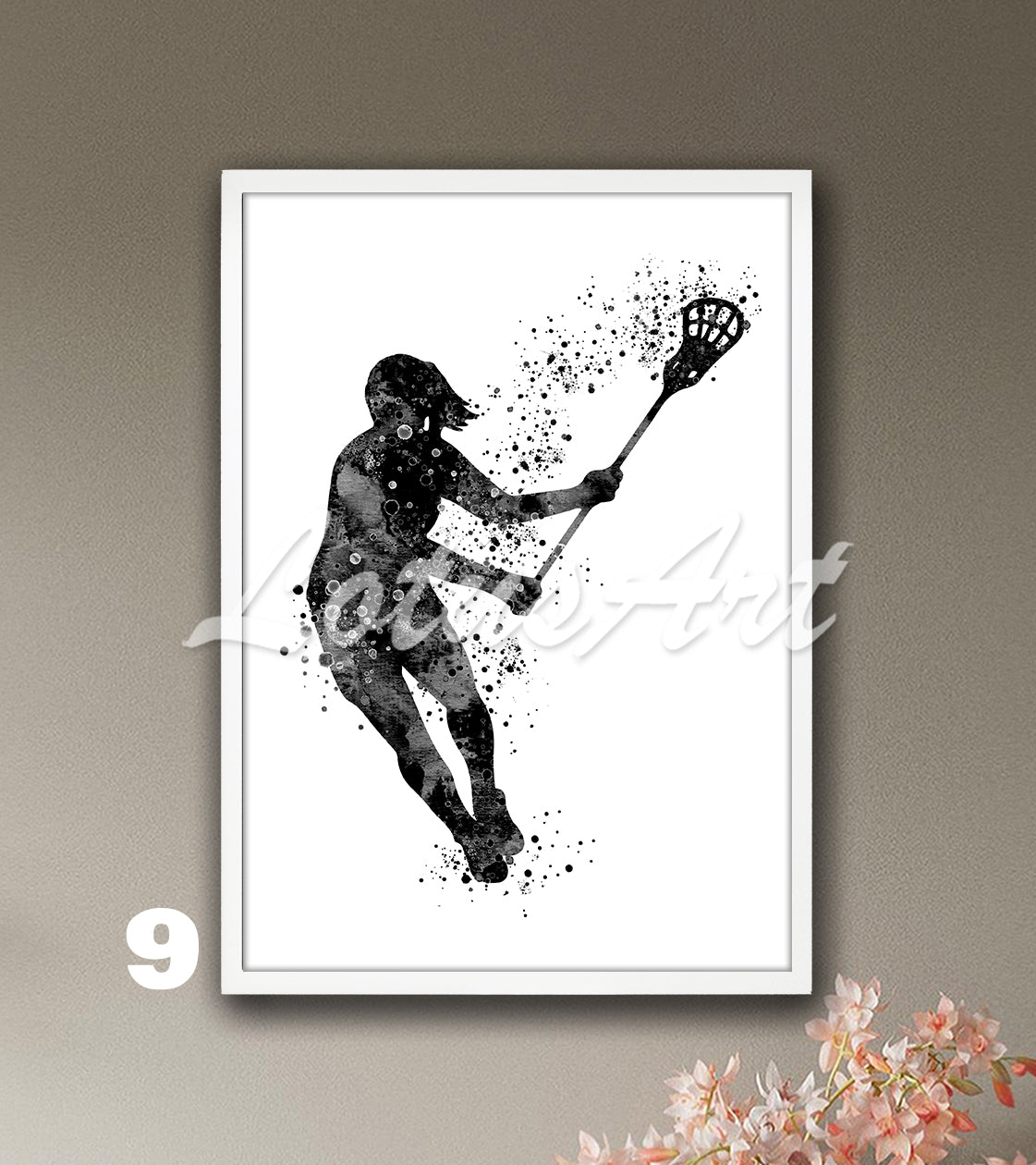 Sports art print depicting a girl lacrosse player – watercolor painting in black-white colors.