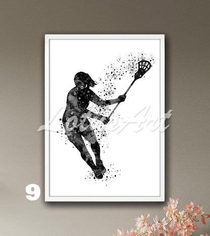 Sports art print depicting a girl lacrosse player – watercolor painting in black-white colors.