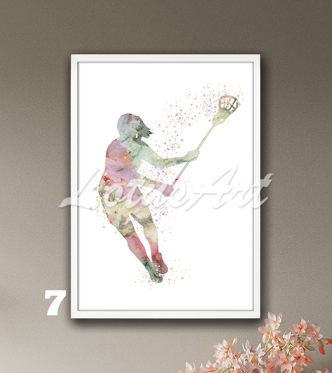 Sports art print depicting a girl lacrosse player – watercolor painting in soft pastel colors.