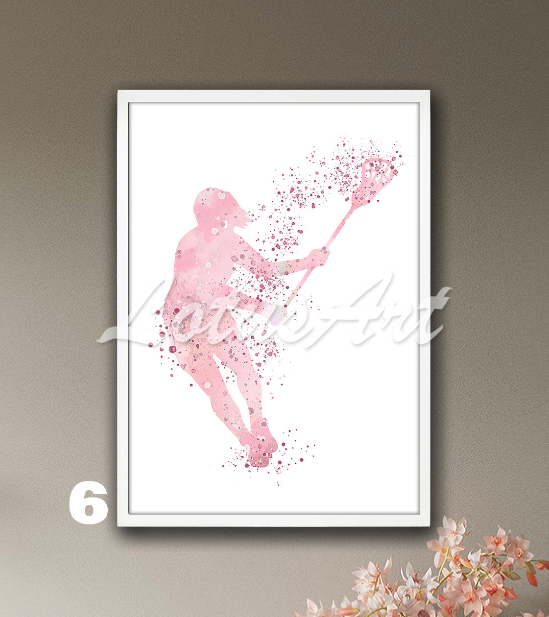 Sports art print depicting a girl lacrosse player – watercolor painting in light pink colors.