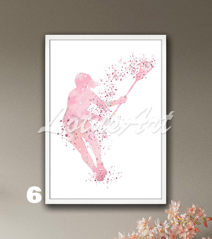 Sports art print depicting a girl lacrosse player – watercolor painting in light pink colors.
