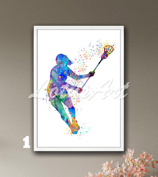 Sports art print depicting a girl lacrosse player – watercolor painting in multicolor.
