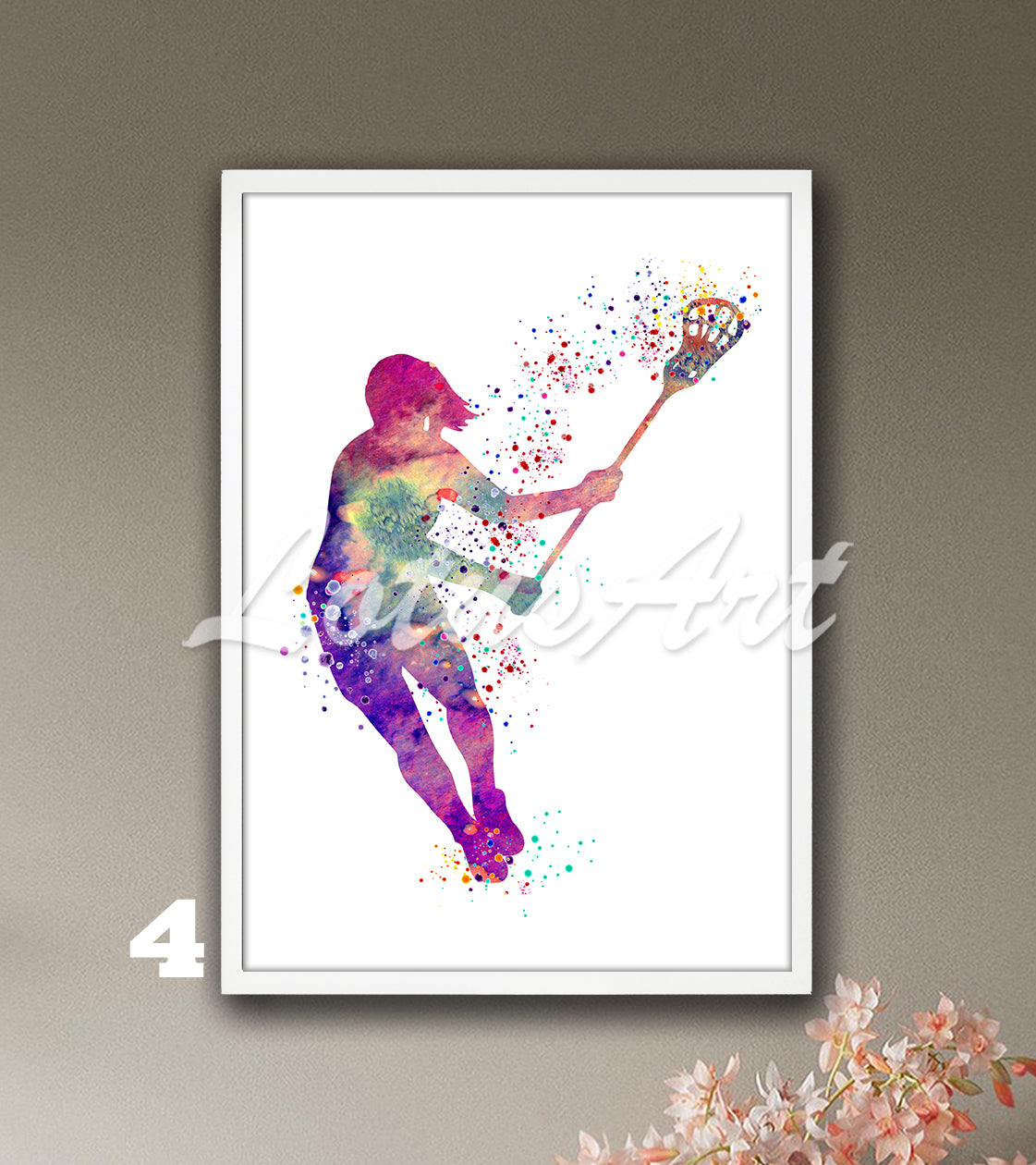 Sports art print depicting a girl lacrosse player – watercolor painting with purple tones.
