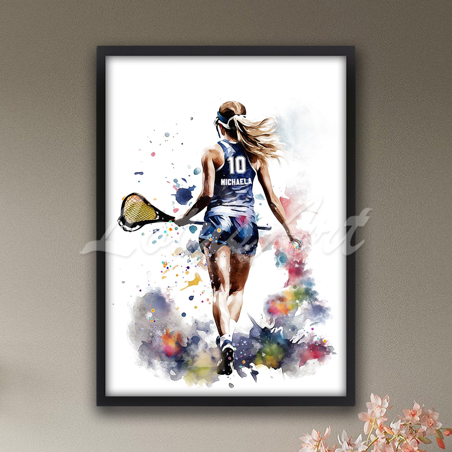 Personalized sports art print depicting a girl lacrosse player – watercolor painting with custom name and jersey number.