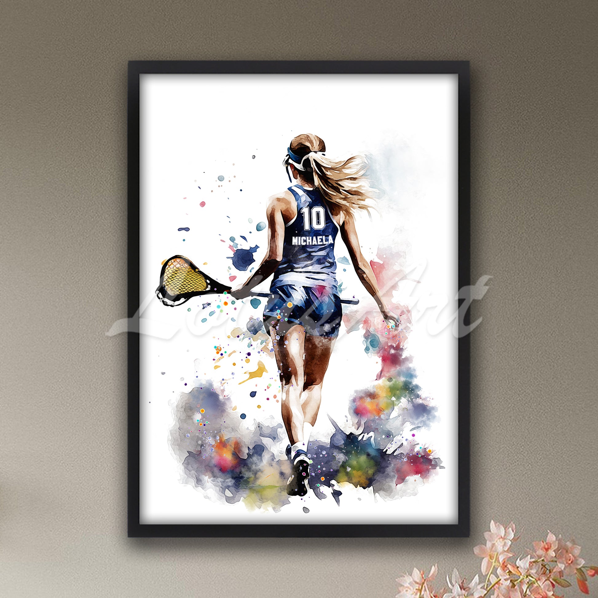Personalized sports art print depicting a girl lacrosse player – watercolor painting with custom name and jersey number.