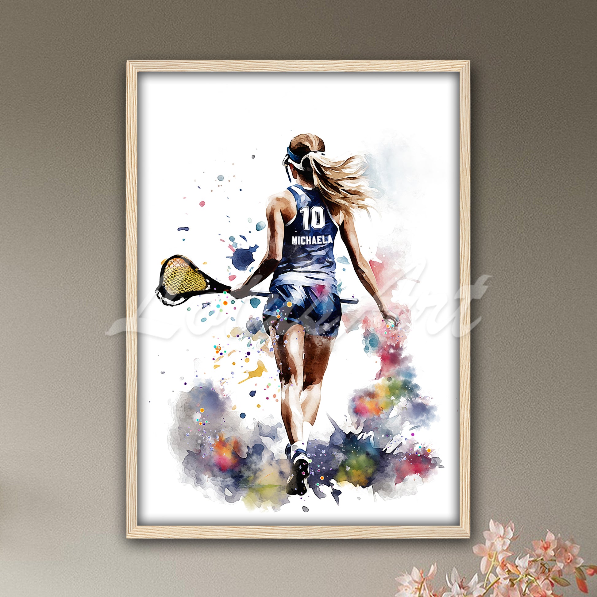 Personalized sports art print depicting a girl lacrosse player – watercolor painting with custom name and jersey number.