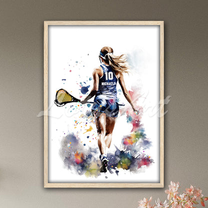 Personalized sports art print depicting a girl lacrosse player – watercolor painting with custom name and jersey number.