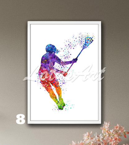 Sports art print depicting a girl lacrosse player – watercolor painting in rainbow colors.
