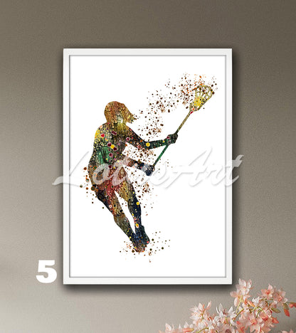 Sports art print depicting a girl lacrosse player – watercolor painting with brown pastel colors.