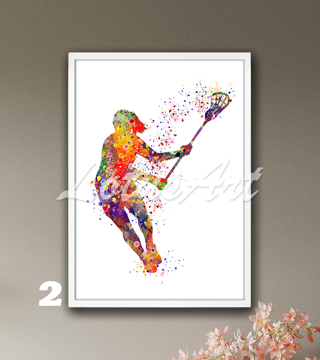 Sports art print depicting a girl lacrosse player – watercolor painting in multi-color.