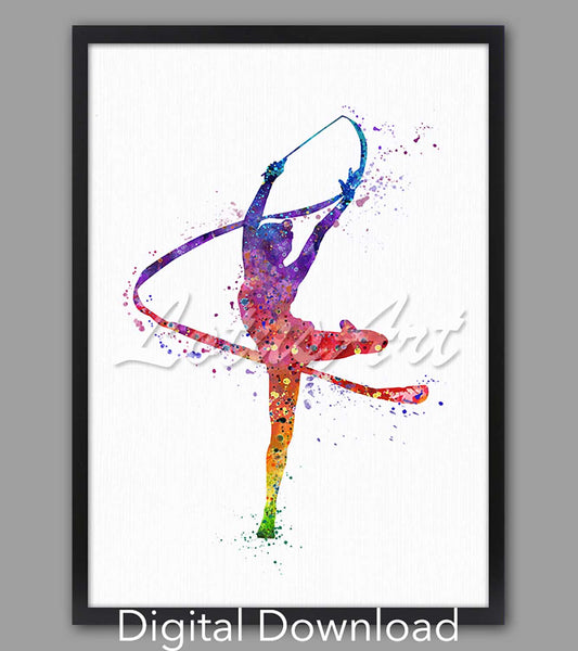 Girl rhythmic gymnastics ribbon watercolor print in rainbow tones, sports art, instant digital download for girls room decor