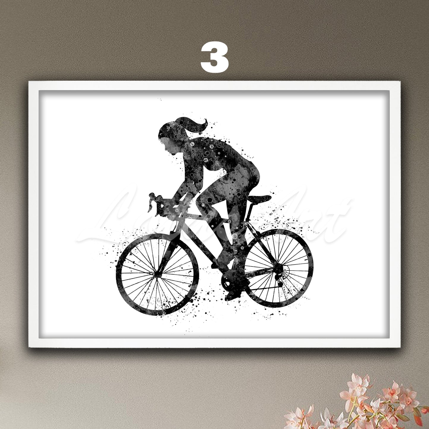Girl road bike cycling sports art in black white - minimalist watercolor decor