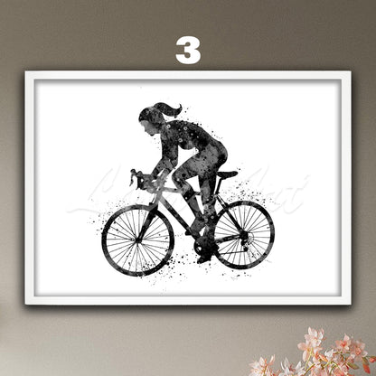Girl road bike cycling sports art in black white - minimalist watercolor decor