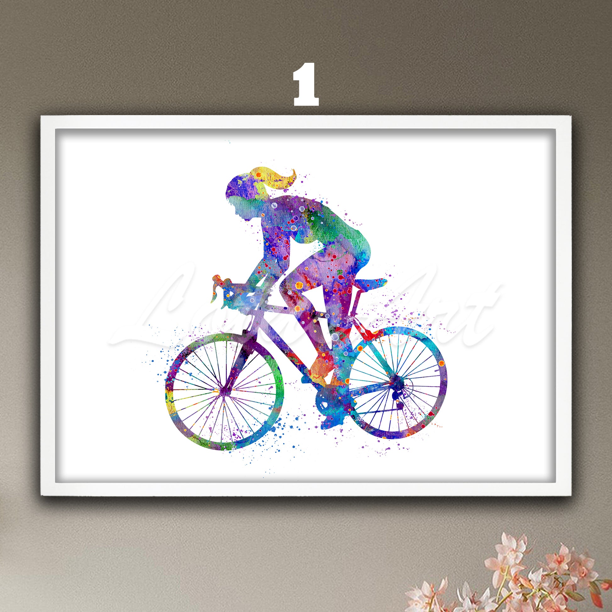 Girl road bike watercolor art print - cycling sports wall decor