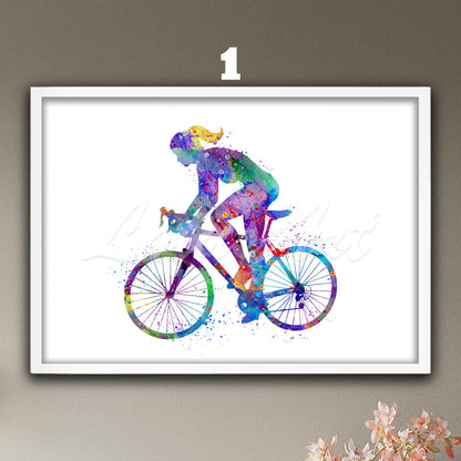 Girl road bike watercolor art print - cycling sports wall decor