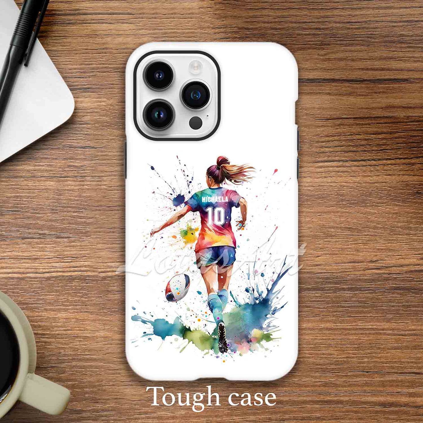 Girl rugby personalized sports phone case colorful watercolor art, custom name & number, tough case iPhone