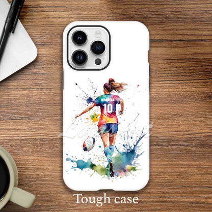 Girl rugby personalized sports phone case colorful watercolor art, custom name & number, tough case iPhone