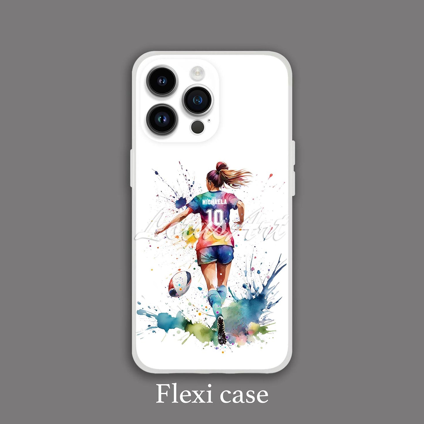 Girl rugby personalized sports phone case colorful watercolor art, custom name & number, flexi case dark background