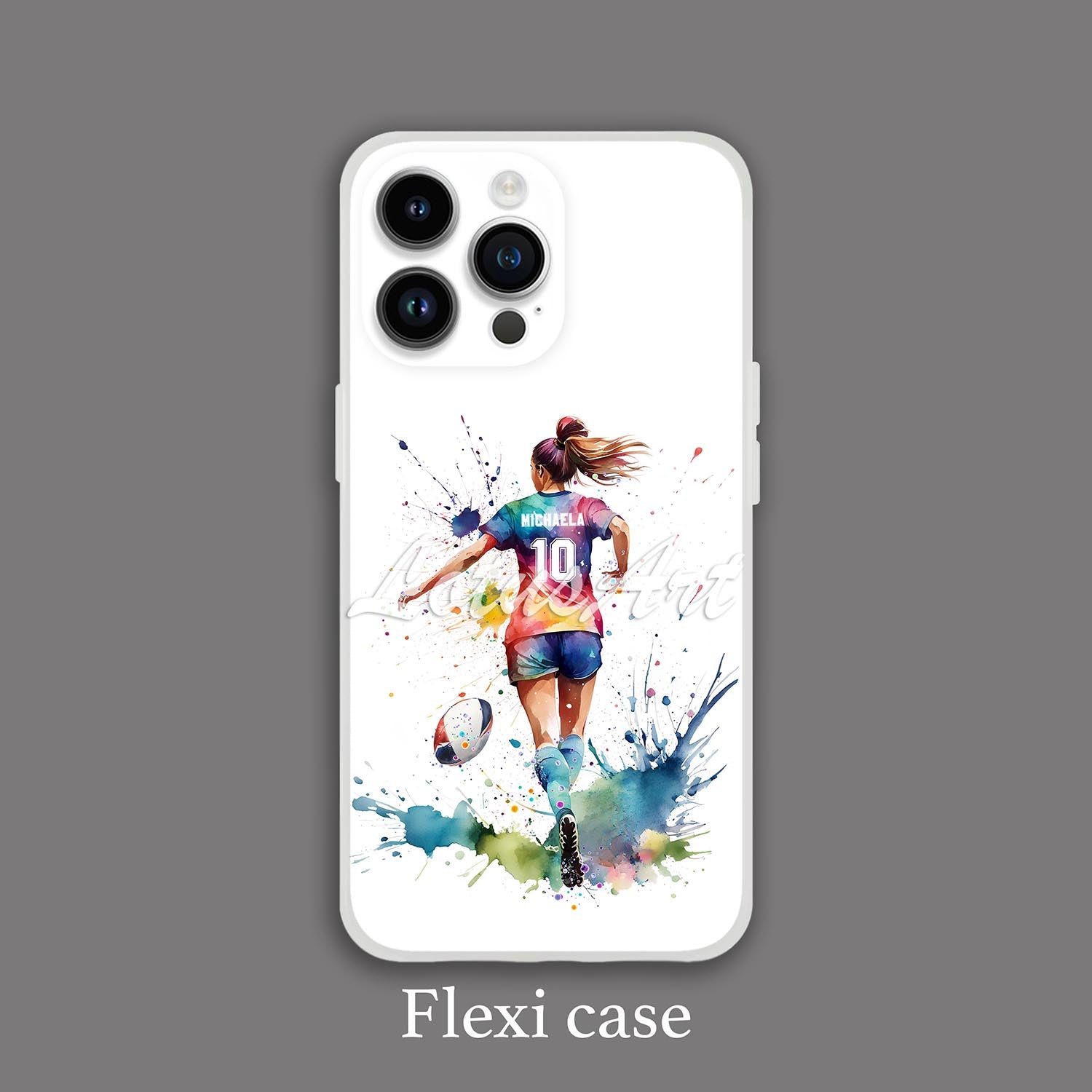 Girl rugby personalized sports phone case colorful watercolor art, custom name & number, flexi case dark background