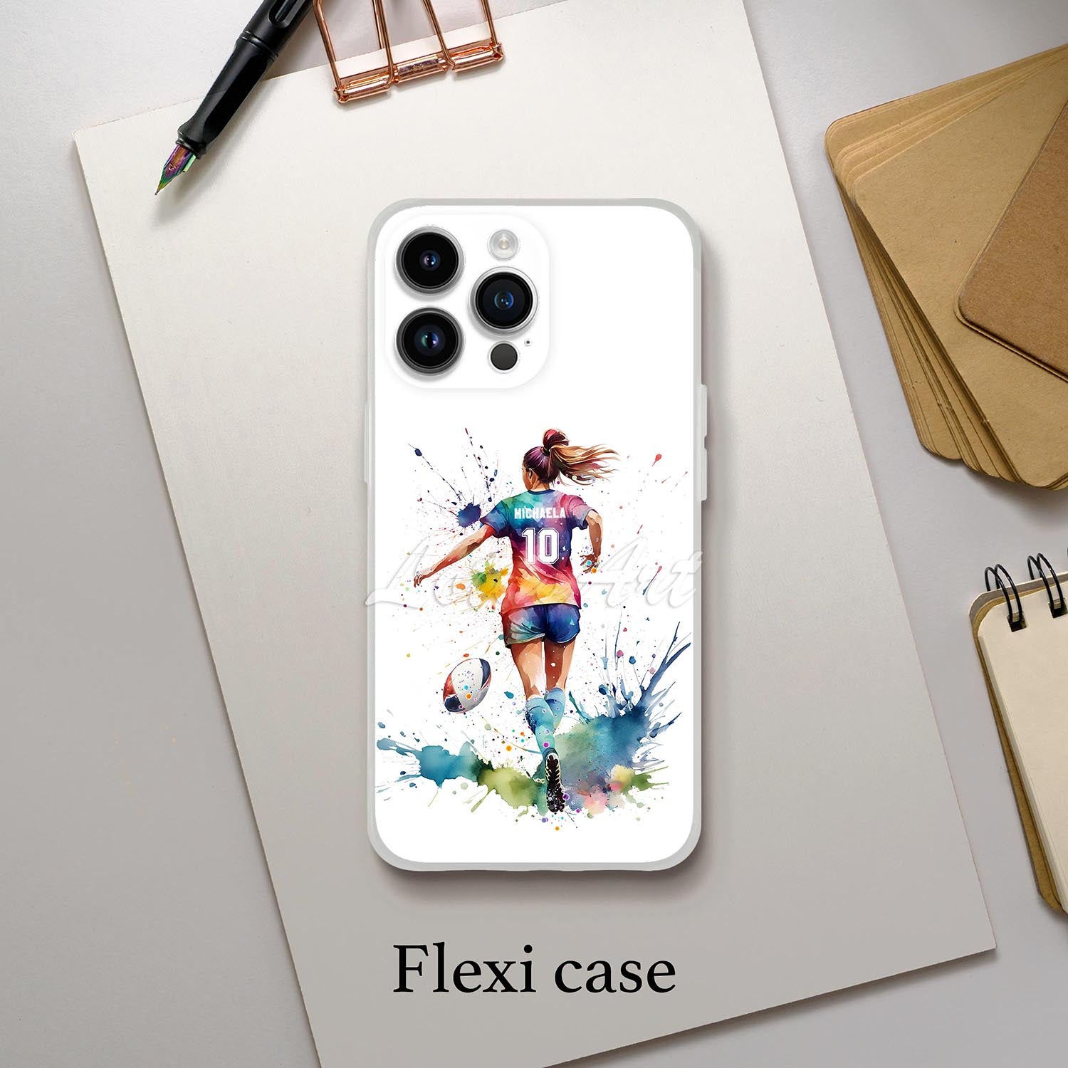 Girl rugby personalized sports phone case colorful watercolor art, custom name & number, flexi case lifestyle