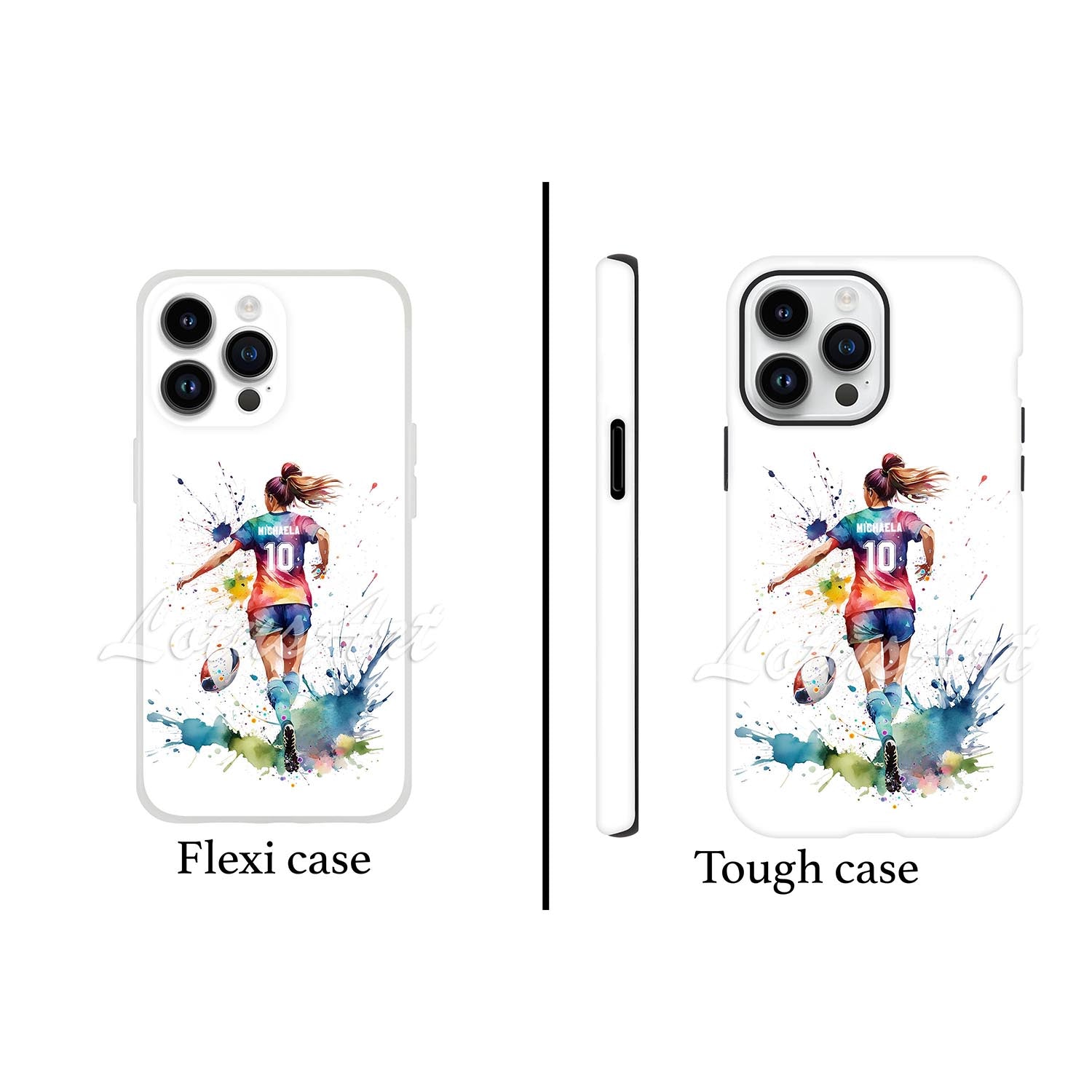 Girl rugby personalized sports phone case colorful watercolor art, custom name & number, flexi and tough case front view
