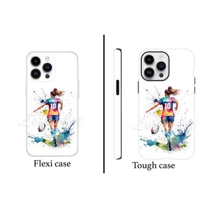 Girl rugby personalized sports phone case colorful watercolor art, custom name & number, flexi and tough case front view