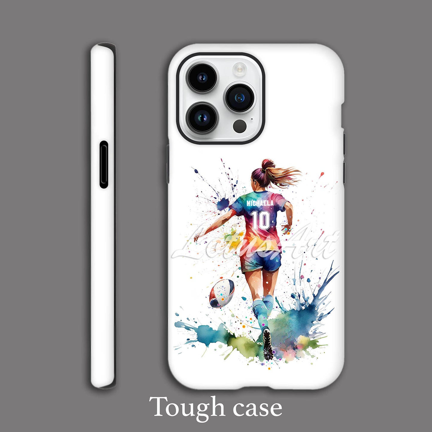 Girl rugby personalized sports phone case colorful watercolor art, custom name & number, tough case dark background