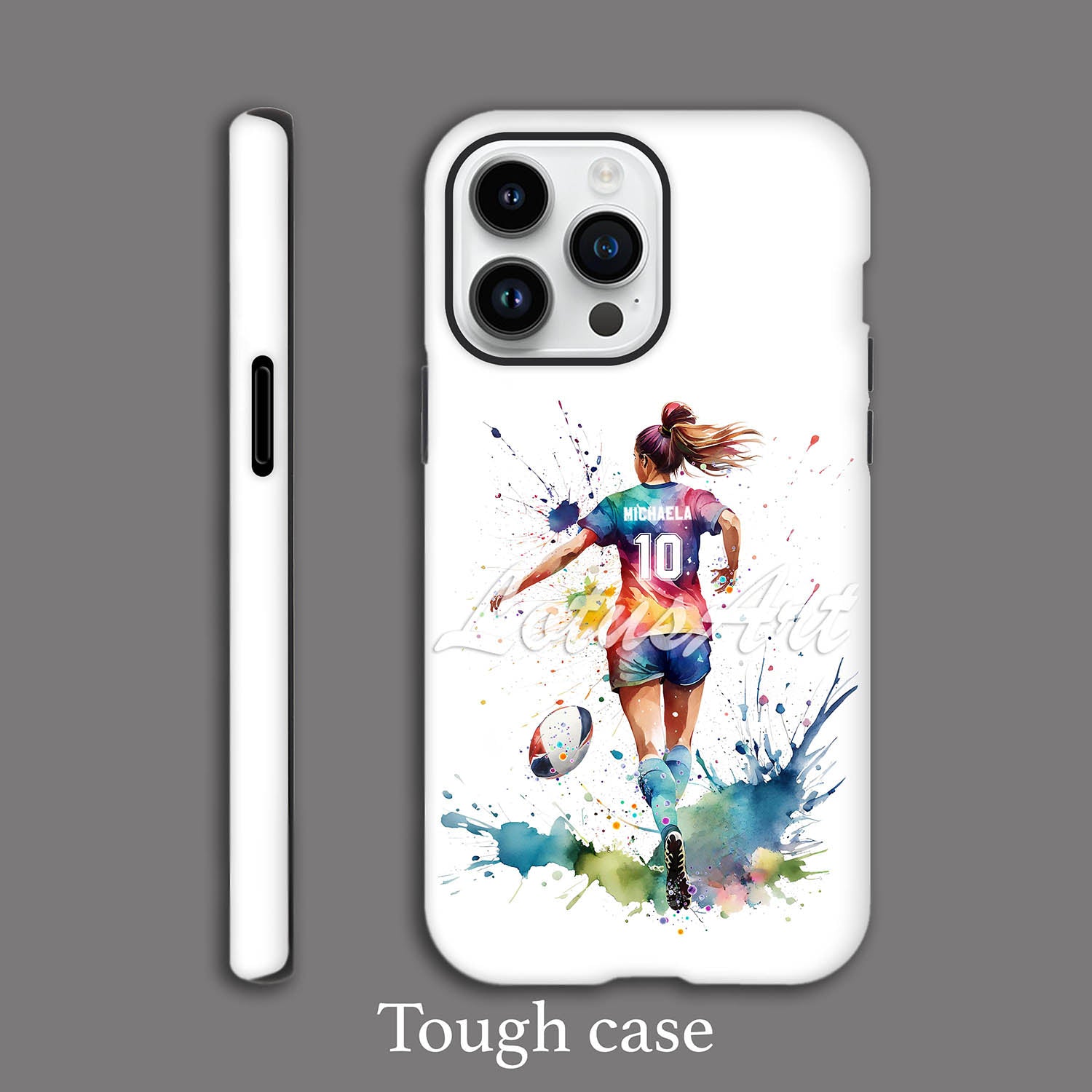 Girl rugby personalized sports phone case colorful watercolor art, custom name & number, tough case dark background