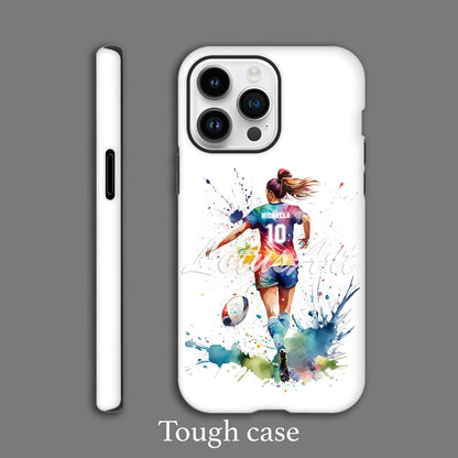 Girl rugby personalized sports phone case colorful watercolor art, custom name & number, tough case dark background