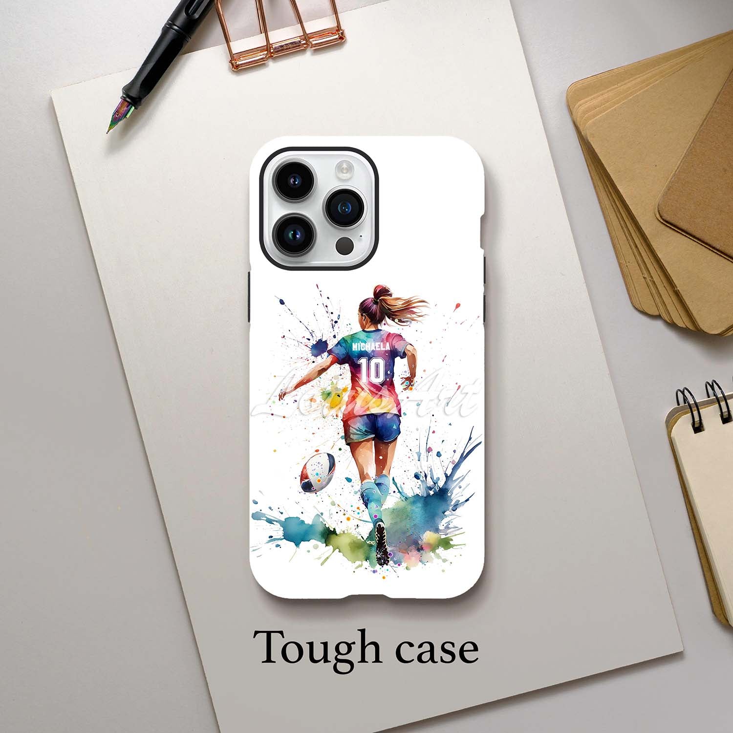 Girl rugby personalized sports phone case colorful watercolor art, custom name & number, tough case lifestyle