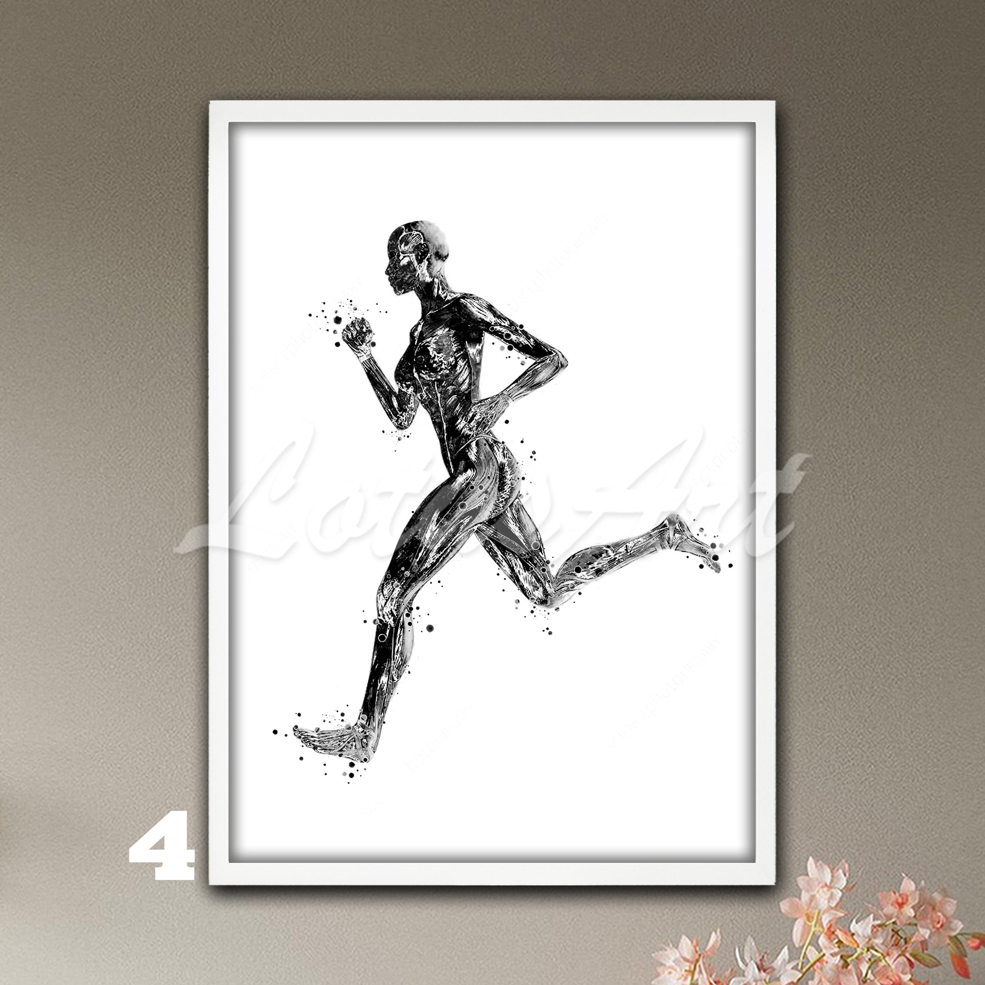 Black-white art print of female runner body muscles anatomy, sports medical watercolor wall decor.