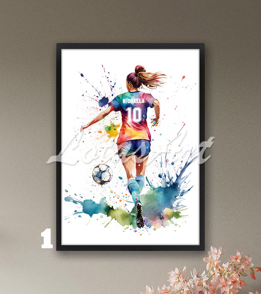 Personalized sports art print depicting a girl soccer player – multicolor watercolor painting with name and jersey number.