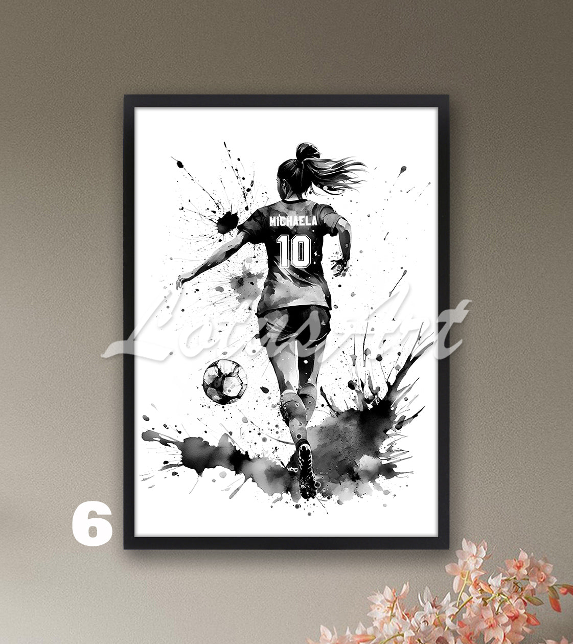 Personalized sports art print depicting a girl soccer player – black-white watercolor painting with name and jersey number.