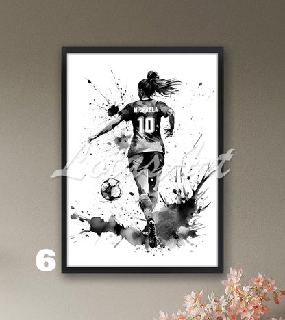 Personalized sports art print depicting a girl soccer player – black-white watercolor painting with name and jersey number.