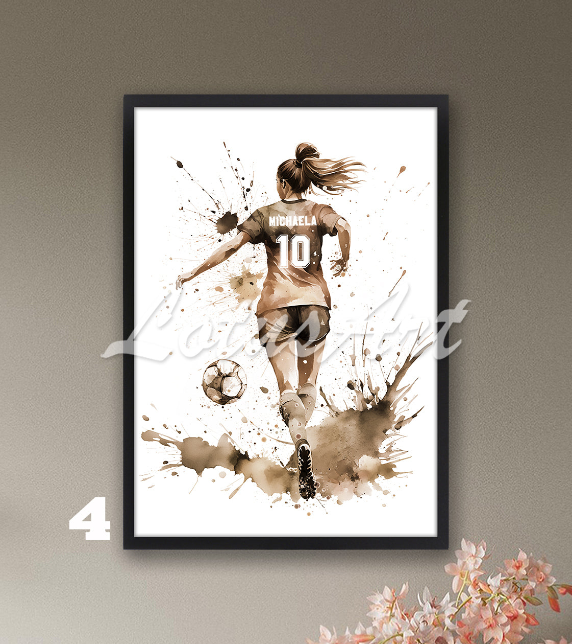 Personalized sports art print depicting a girl soccer player – watercolor painting in pastel with name and jersey number.