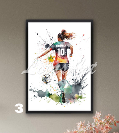 Personalized sports art print depicting a girl soccer player – colorful watercolor painting with name and jersey number.