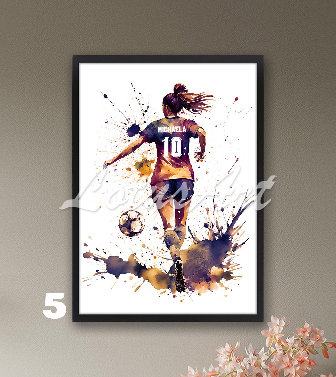 Personalized sports art print depicting a girl soccer player – watercolor painting with name and jersey number.