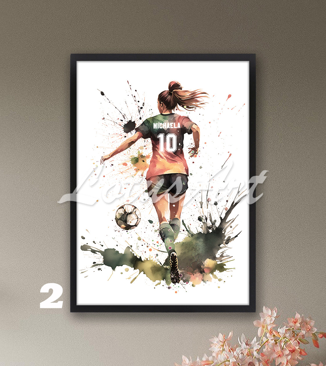 Personalized sports art print depicting a girl soccer player – watercolor painting in pastel with name and jersey number.
