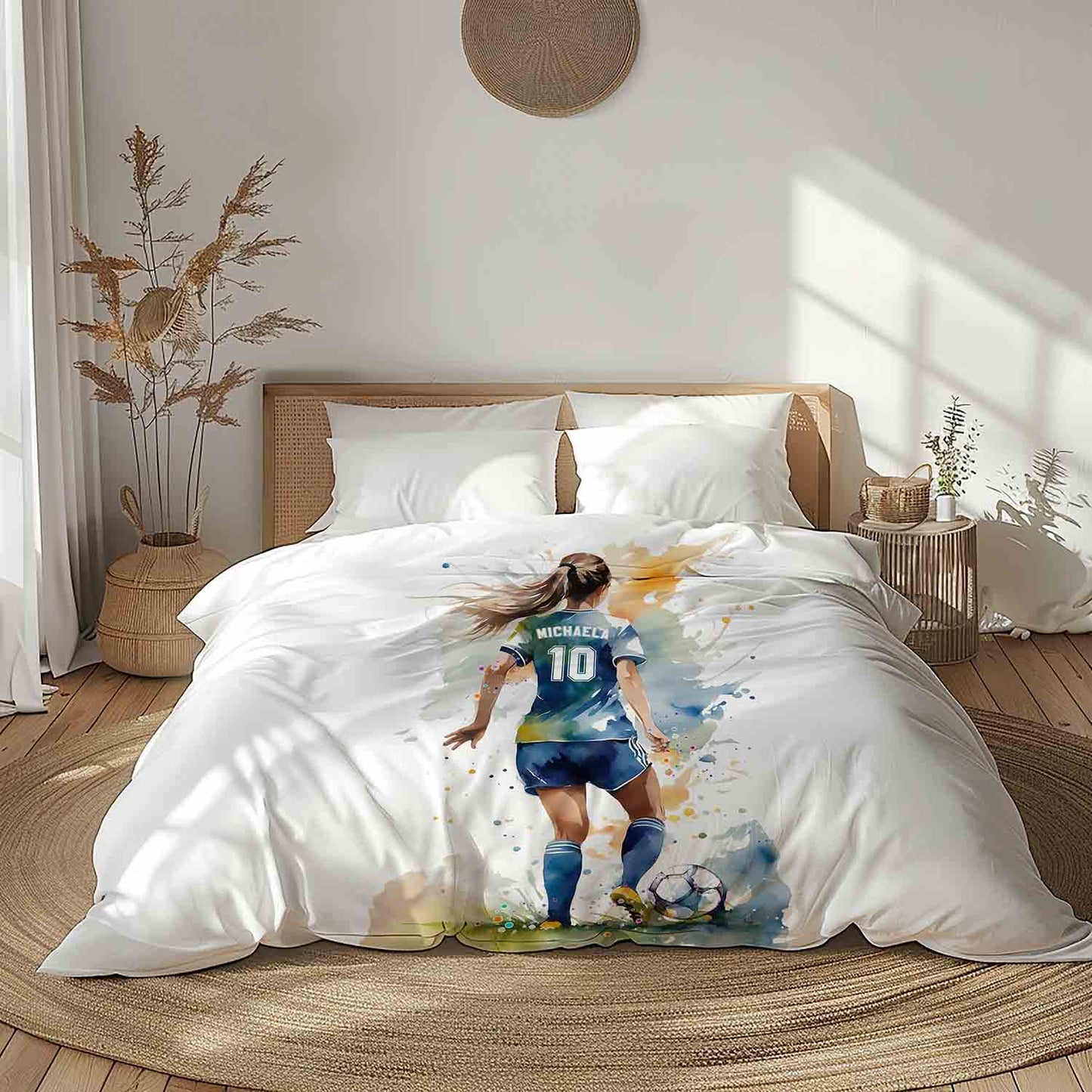 Girl soccer duvet cover personalized name and number watercolor art sports bedding, twin queen king sizes