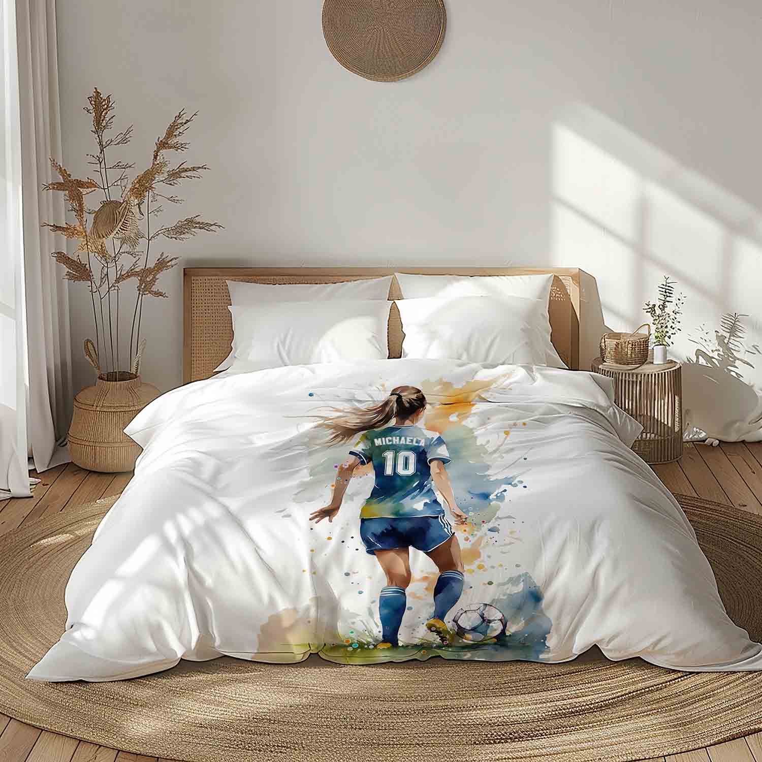 Girl soccer duvet cover personalized name and number watercolor art sports bedding, twin queen king sizes